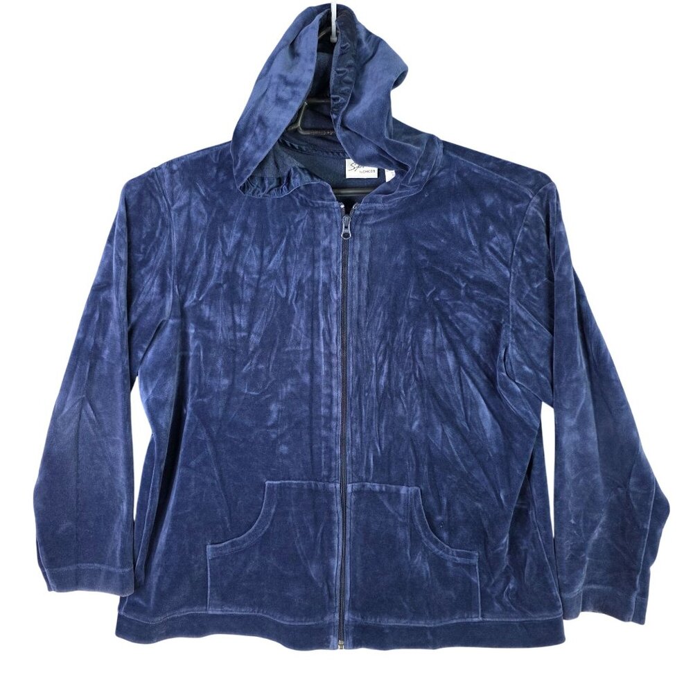 Womens Chicos Zenergy Blue Velvet Hooded Jacket Full Zip Cotton Blend Size 3